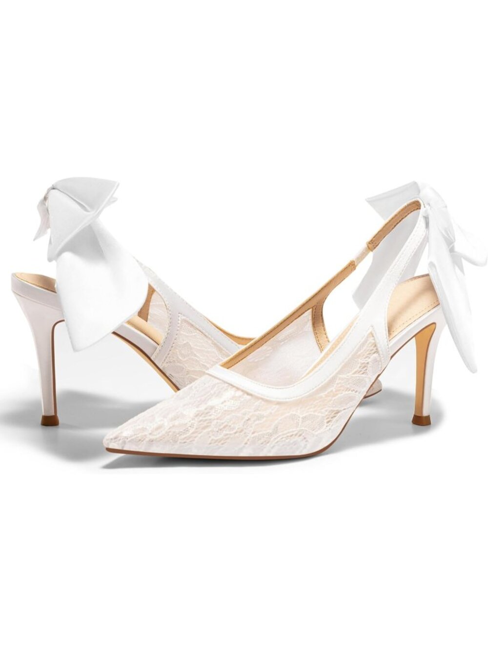 Women's White Slingback High Heels Bow Closed Pointed Toe Lace Patchwork Shoes